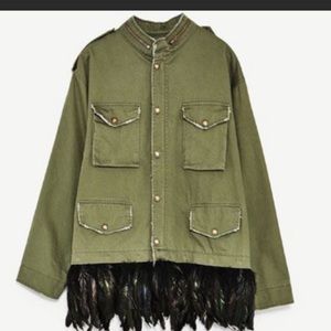 Zara utility jacket w/removable feathers XL NWOT
